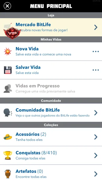 BitLife - Simulador de Vida — menu principal salvar vida