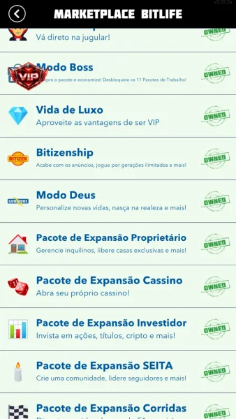 BitLife - Simulador de Vida — mercado bitlife com pacotes owned