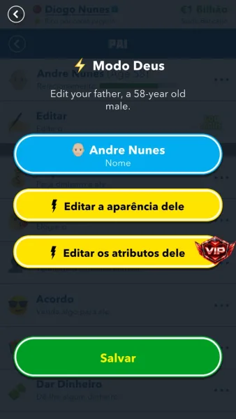 BitLife - Simulador de Vida — modo deus editando o pai