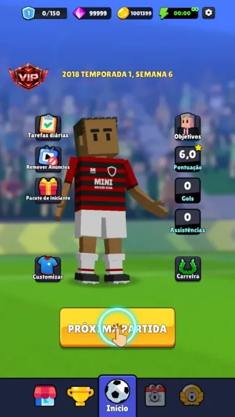 Mini Soccer Star - Futebol 26 — tela inicial com moedas gemas e energia infinitas