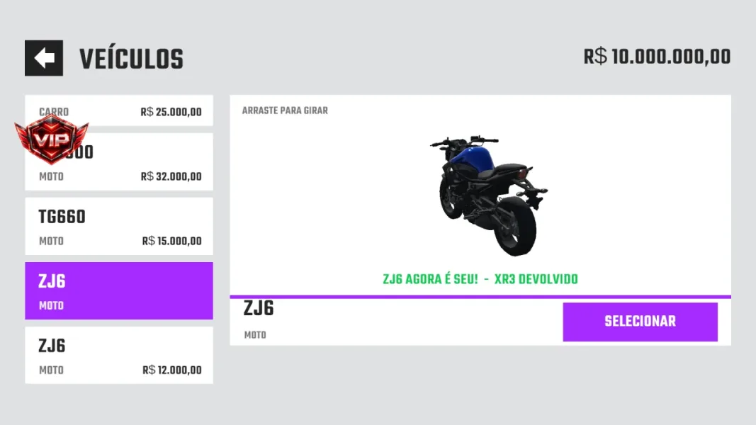 Projeto Grau 2 — zj6 comprada e saldo continua em 10 milhoes