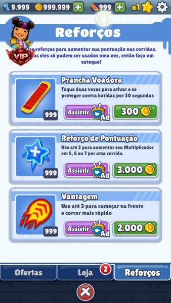 Subway Surfers — loja de reforcos com 999 de cada