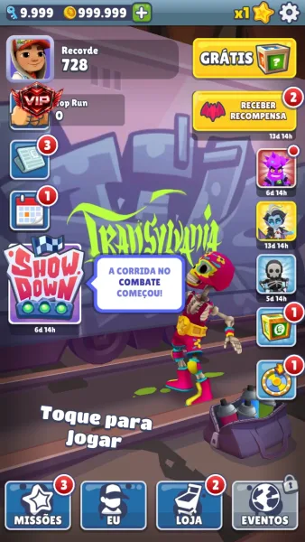 Subway Surfers — tela inicial com 999999 moedas e 9999 chaves