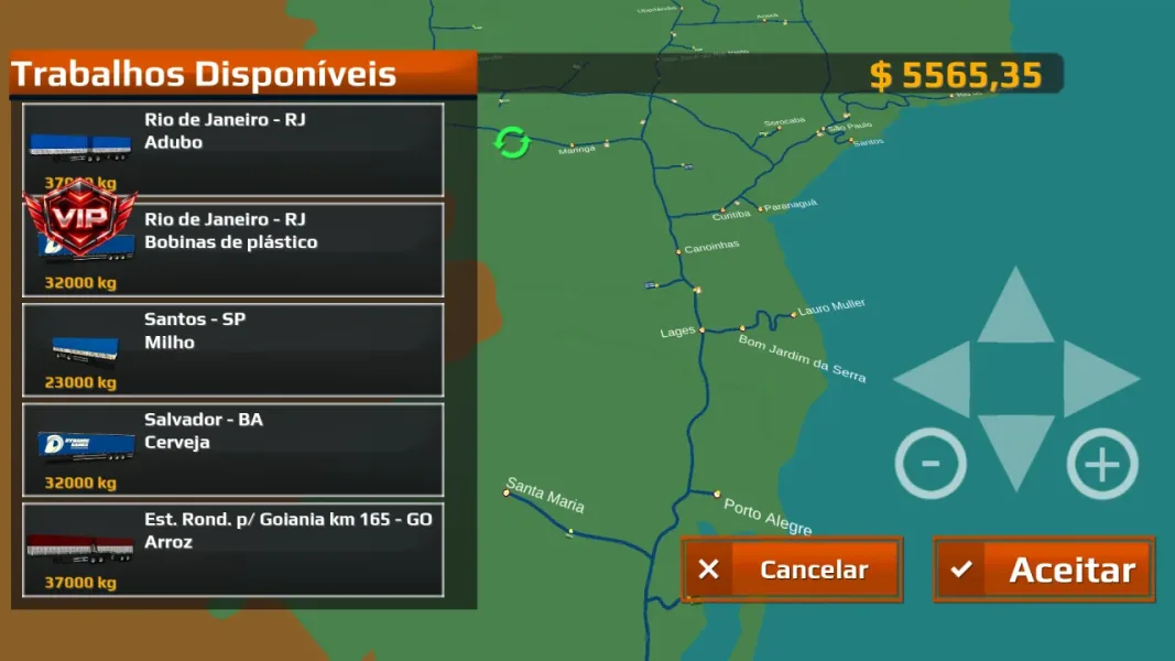 World Truck Driving Simulator — fretes disponiveis no mapa do brasil